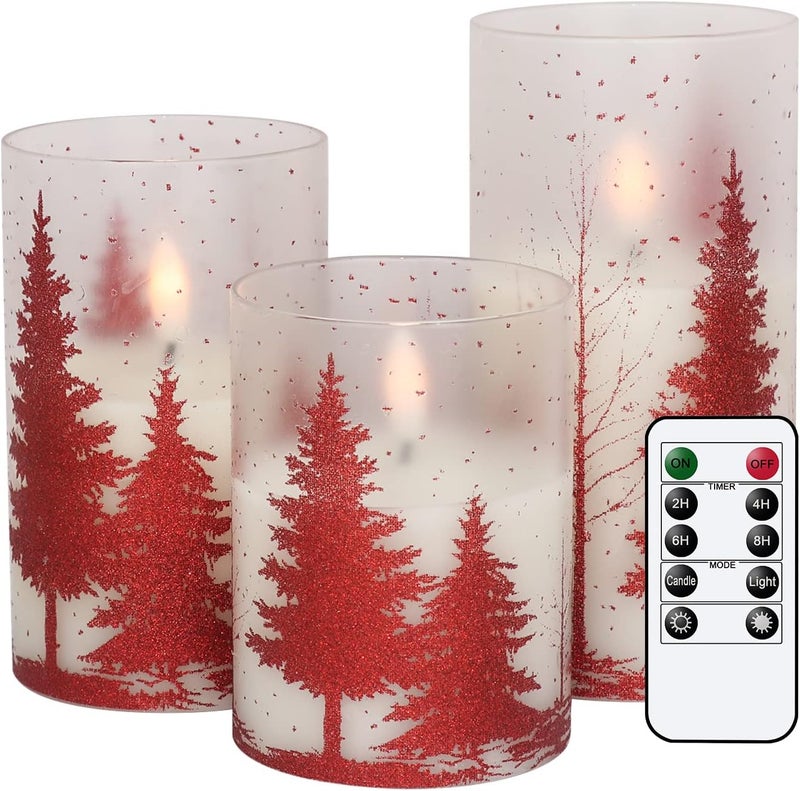 DRomance Christmas Tree Glass Flameless Candles with Remote Timer Battery Operated Real Wax 3D Wick LED Flickering Pillar Candles Christmas Holiday Decor(Red, 3 x 4,5,6 Inch) - Image 1